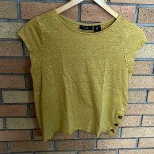 Tahari 100% Linen Olive Green/Mustard Yellow Short-Sleeve Top w/ Side Buttons S